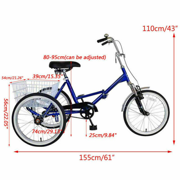 Folding Adult Three-Wheel Tricycle Bike with 20" Basket, Comfortable
