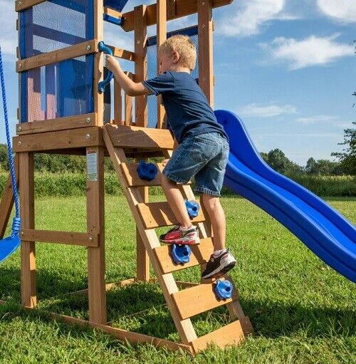 Cedar Wood Kids Playground Set with Swings, Slide, Fort & Chalk Wall - Aroflit