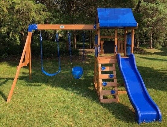 Cedar Wood Kids Playground Set with Swings, Slide, Fort & Chalk Wall - Aroflit