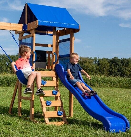 Cedar Wood Kids Playground Set with Swings, Slide, Fort & Chalk Wall - Aroflit