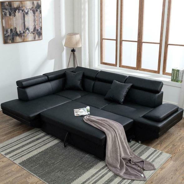 Contemporary Black Sectional Sofa Bed with Armrest and Back Support - Aroflit
