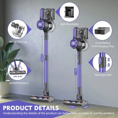 Cordless Vacuum Cleaner with HEPA Filtration, Powerful Suction, LED - Aroflit