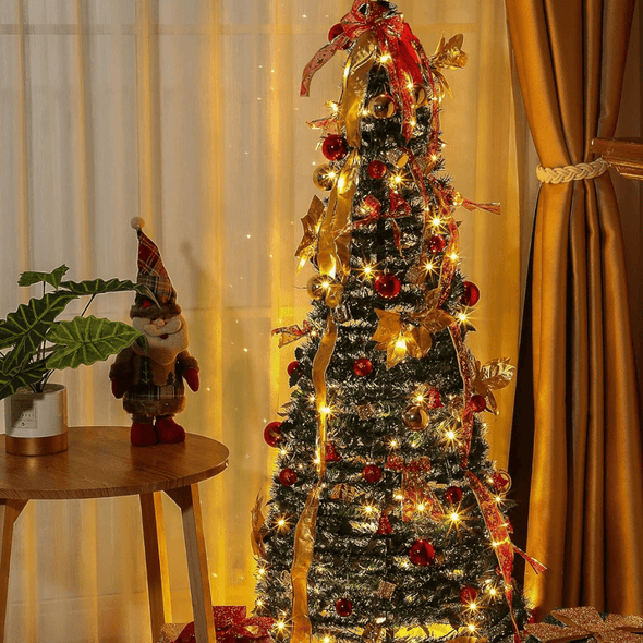 Decorated Collapsible Pop - Up Lighted Christmas Tree 6FT, Pre - Decorated - Aroflit