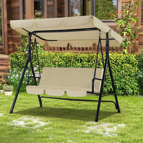 Deluxe 3 - Person Porch Swing with Stand, Adjustable Canopy & Cushions - Aroflit