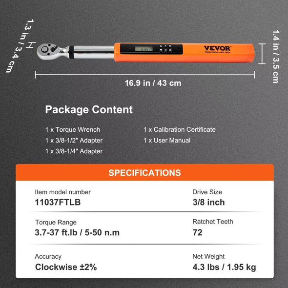 Digital Torque Wrench 3/8” Drive, 3.7 - 37 ft.lb ±2% Accuracy - Aroflit