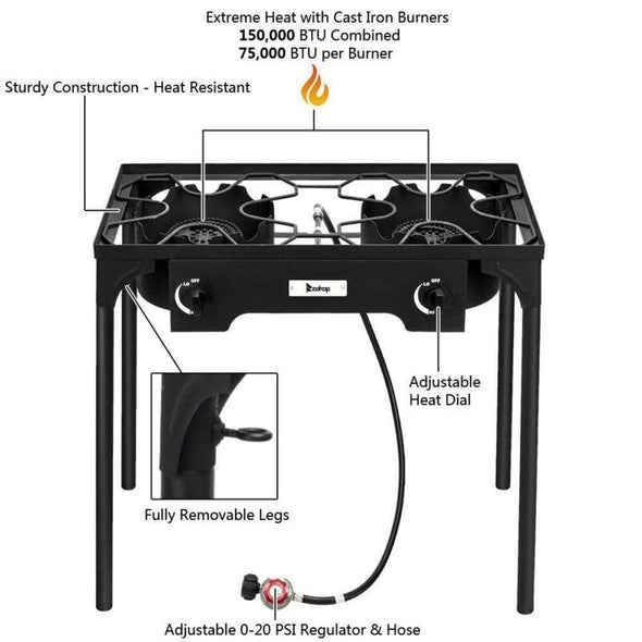 Double 2 Burner Gas Propane Cooker Outdoor Stove, High Pressure - Aroflit