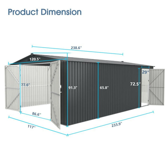 Heavy Duty Galvani Steel Outdoor Garage Storage Shed 20'x10' ft with Doors - Aroflit