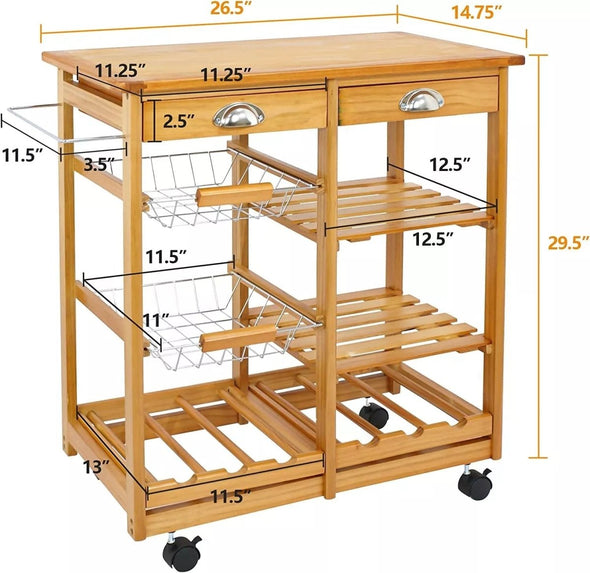 Island Carts for Kitchen, Bamboo & Pine Mobile Storage with Wine Rack - Aroflit
