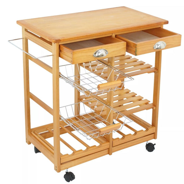 Island Carts for Kitchen, Bamboo & Pine Mobile Storage with Wine Rack - Aroflit