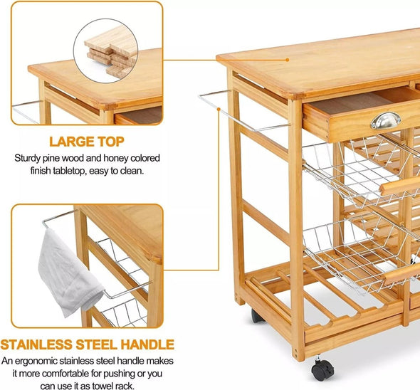 Island Carts for Kitchen, Bamboo & Pine Mobile Storage with Wine Rack - Aroflit