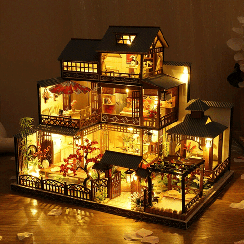 Large Realistic Wooden Doll House with LED Lights, DIY Courtyard Design - Aroflit