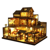 Large Realistic Wooden Doll House with LED Lights, DIY Courtyard Design - Aroflit