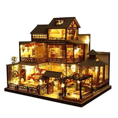 Large Realistic Wooden Doll House with LED Lights, DIY Courtyard Design - Aroflit