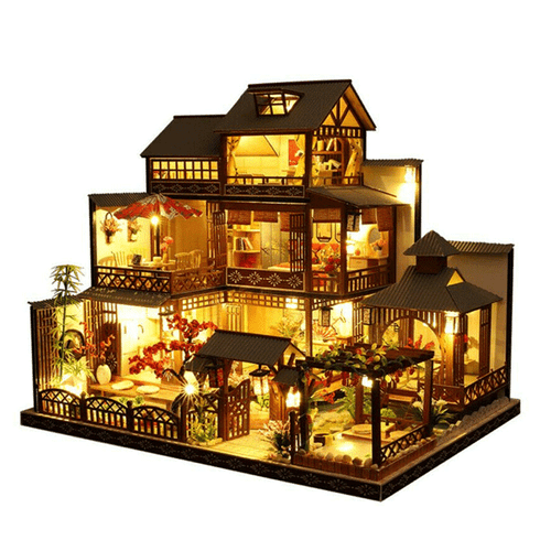 Large Realistic Wooden Doll House with LED Lights, DIY Courtyard Design - Aroflit