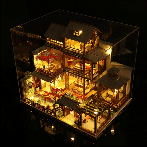 Large Realistic Wooden Doll House with LED Lights, DIY Courtyard Design - Aroflit