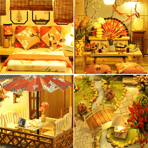 Large Realistic Wooden Doll House with LED Lights, DIY Courtyard Design - Aroflit