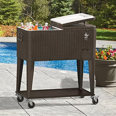 Large Wheeled Outdoor Patio Beverage Cooler Chest - 80 Quart with Rattan - Aroflit