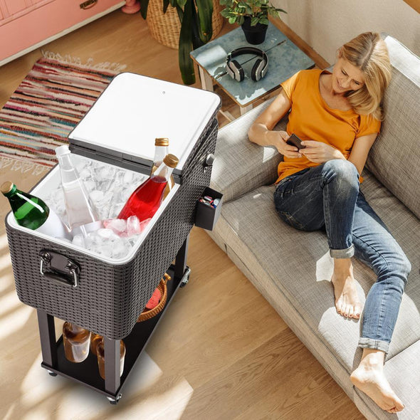Large Wheeled Outdoor Patio Beverage Cooler Chest - 80 Quart with Rattan - Aroflit