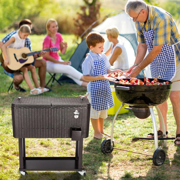 Large Wheeled Outdoor Patio Beverage Cooler Chest - 80 Quart with Rattan - Aroflit