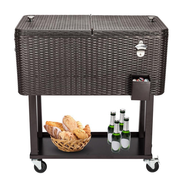 Large Wheeled Outdoor Patio Beverage Cooler Chest - 80 Quart with Rattan - Aroflit