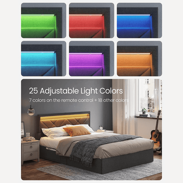 LED Queen Upholstered Bed Frame With Headboard - Aroflit