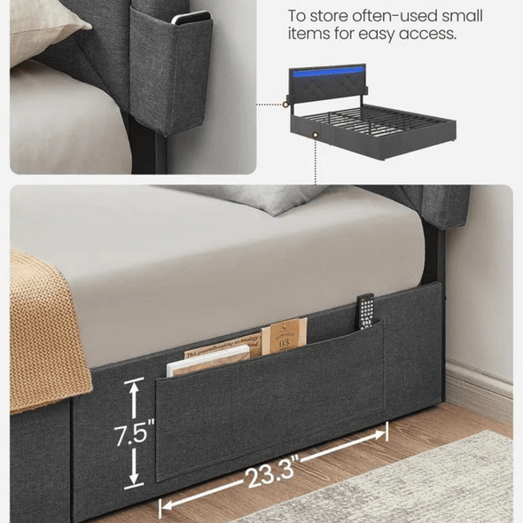 LED Queen Upholstered Bed Frame With Headboard - Aroflit