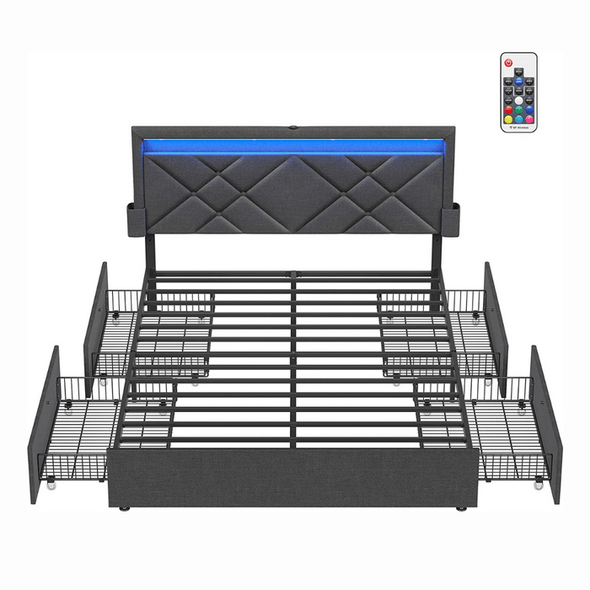 LED Queen Upholstered Bed Frame With Headboard - Aroflit