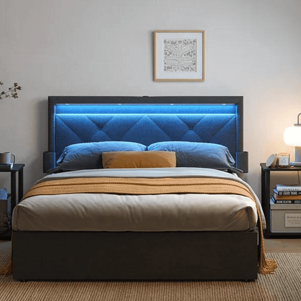 LED Queen Upholstered Bed Frame With Headboard - Aroflit