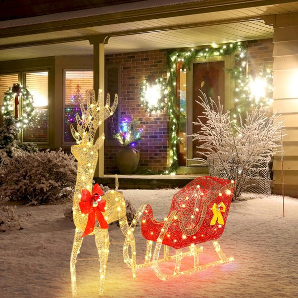 Life - Size Outdoor Christmas Reindeer Sleigh with LED Lights for Yard - Aroflit