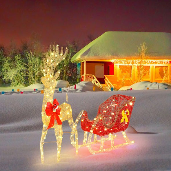 Life - Size Outdoor Christmas Reindeer Sleigh with LED Lights for Yard - Aroflit