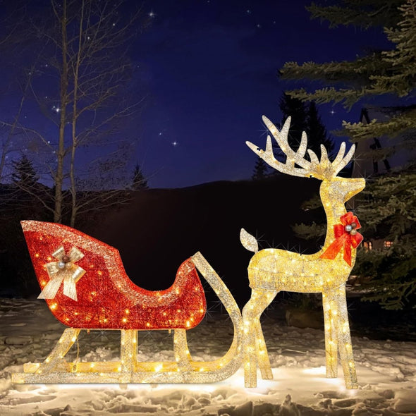 Life - Size Outdoor Christmas Reindeer Sleigh with LED Lights for Yard - Aroflit