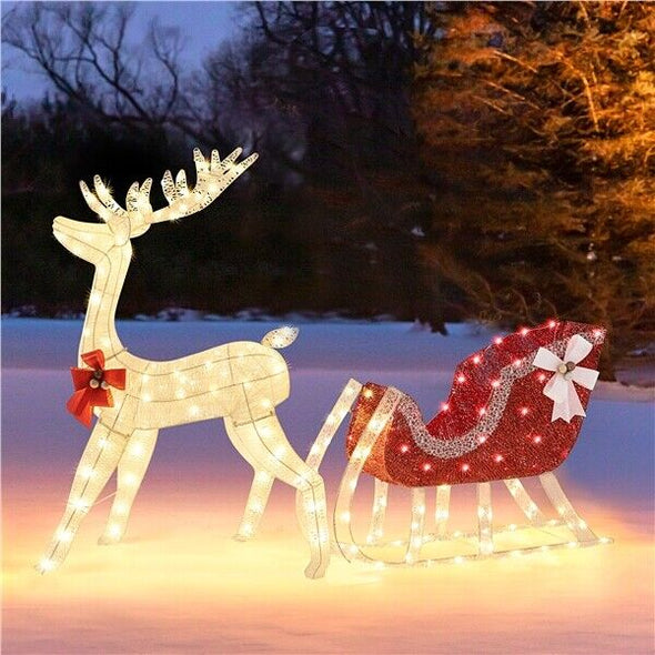 Life - Size Outdoor Christmas Reindeer Sleigh with LED Lights for Yard - Aroflit