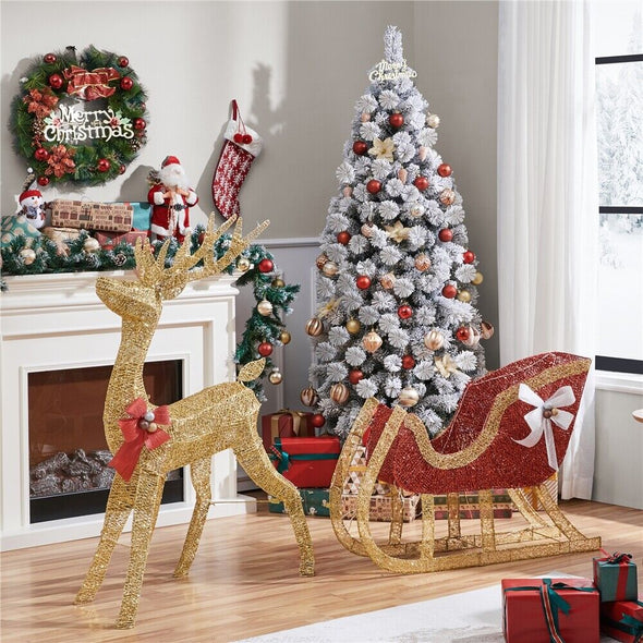 Life - Size Outdoor Christmas Reindeer Sleigh with LED Lights for Yard - Aroflit