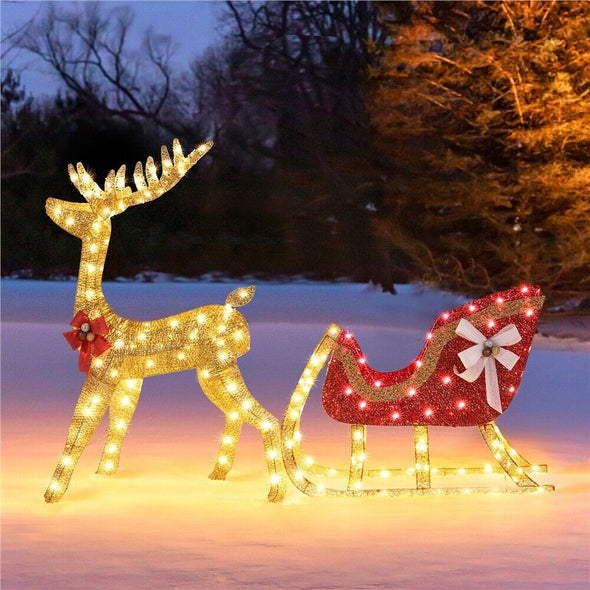 Life - Size Outdoor Christmas Reindeer Sleigh with LED Lights for Yard - Aroflit