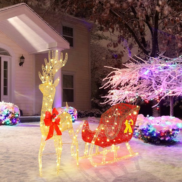 Life - Size Outdoor Christmas Reindeer Sleigh with LED Lights for Yard - Aroflit