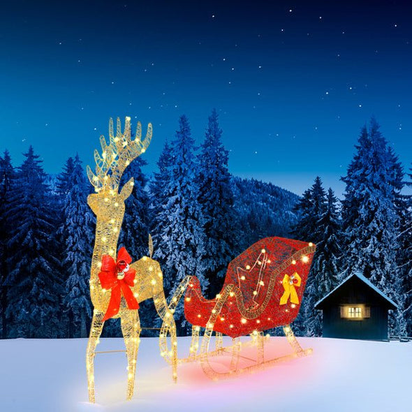 Life - Size Outdoor Christmas Reindeer Sleigh with LED Lights for Yard - Aroflit