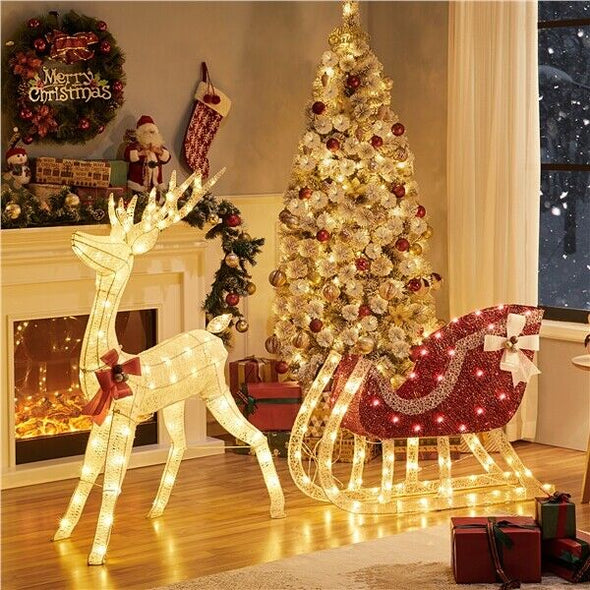 Life - Size Outdoor Christmas Reindeer Sleigh with LED Lights for Yard - Aroflit