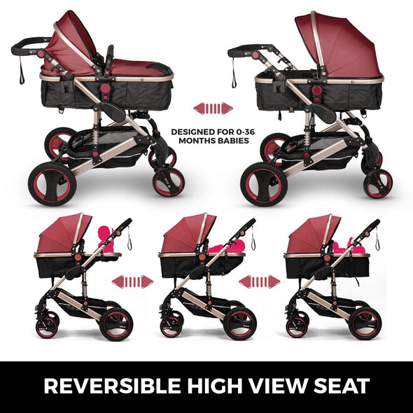 Red Baby Stroller Foldable Pram Car Seat - Safe, Reversible & Adjustable
