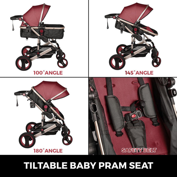 Red Baby Stroller Foldable Pram Car Seat - Safe, Reversible & Adjustable
