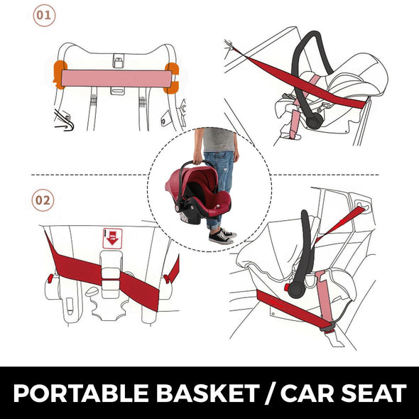 Red Baby Stroller Foldable Pram Car Seat - Safe, Reversible & Adjustable