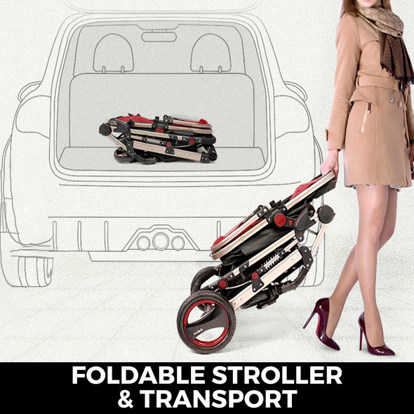 Red Baby Stroller Foldable Pram Car Seat - Safe, Reversible & Adjustable