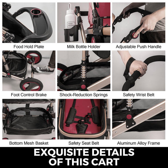 Red Baby Stroller Foldable Pram Car Seat - Safe, Reversible & Adjustable