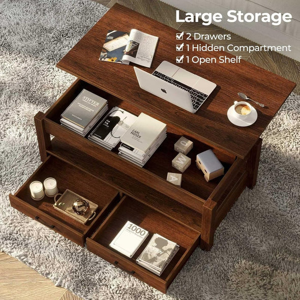 Modern Lift Top Coffee Table with Storage, Drawers & Adjustable Height - Aroflit