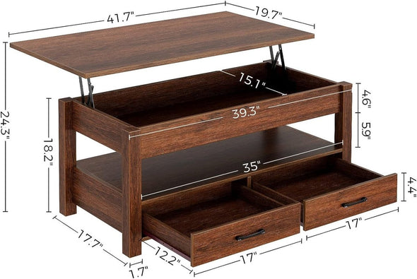 Modern Lift Top Coffee Table with Storage, Drawers & Adjustable Height - Aroflit