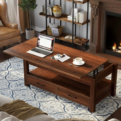 Modern Lift Top Coffee Table with Storage, Drawers & Adjustable Height - Aroflit