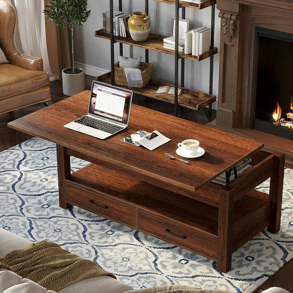 Modern Lift Top Coffee Table with Storage, Drawers & Adjustable Height - Aroflit