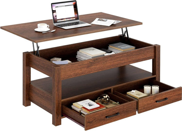 Modern Lift Top Coffee Table with Storage, Drawers & Adjustable Height - Aroflit