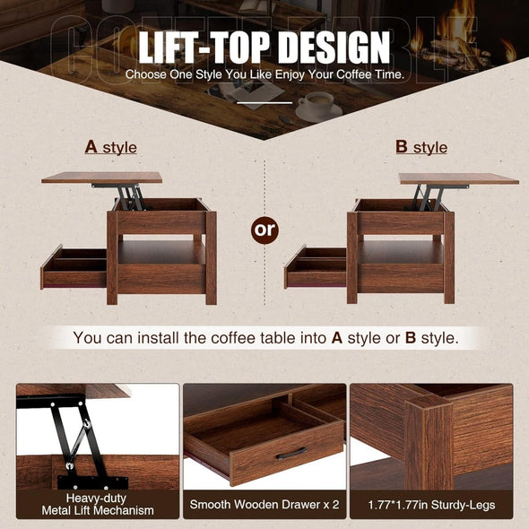 Modern Lift Top Coffee Table with Storage, Drawers & Adjustable Height - Aroflit