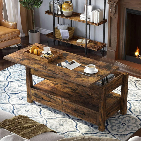 Modern Lift Top Coffee Table with Storage, Drawers & Adjustable Height - Aroflit