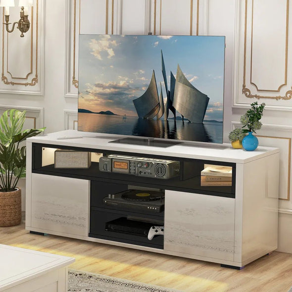 Modern White Gloss TV Stand with LED Lights, Storage for TVs up to 60 - Aroflit